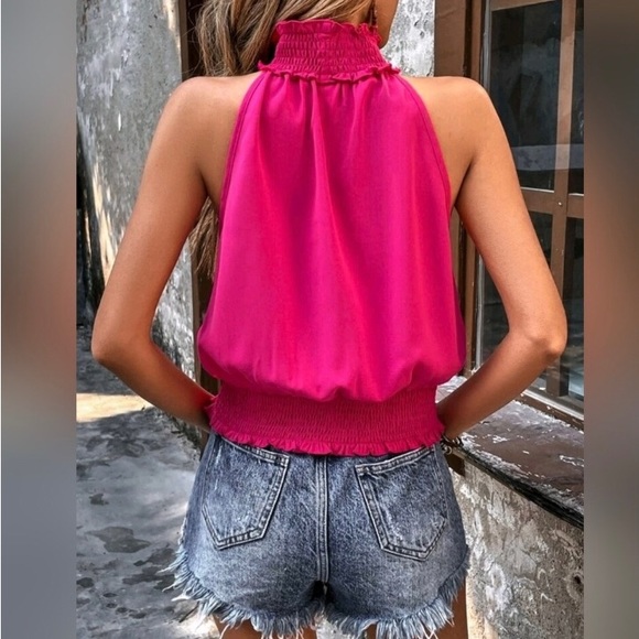 New Chic Blouson Gathered Halter Top Blouse Hot Pink - Picture 2 of 3